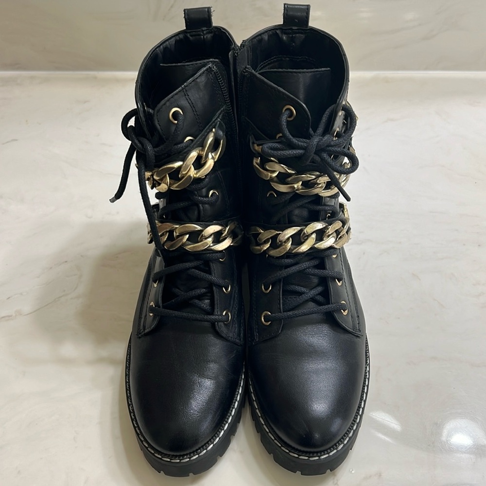 NWOT Carvela Salute Black Leather Boots with Gold chain/buckle/trim Detail Size7